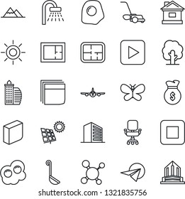 Thin Line Icon Set - shower vector, plane, office building, tree, lawn mower, butterfly, house, sun, molecule, play button, stop, chair, blank box, panel, mountains, plan, ladle, omelette, money bag