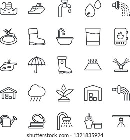 Thin Line Icon Set - shower vector, watering can, boot, rain, hose, pond, sea shipping, port, umbrella, pool, water supply, warehouse, bathroom, drink, irrigation, heater, warm floor, sprinkler