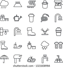 Thin Line Icon Set - shower vector, watering can, bucket, boot, rain, well, hose, drip irrigation, sea shipping, port, umbrella, pond, water supply, bathroom, filter, warm floor