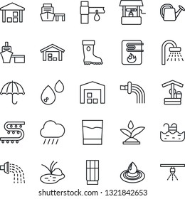 Thin Line Icon Set - shower vector, watering can, boot, rain, well, pond, drip irrigation, sea port, umbrella, warehouse, pool, drink, water heater, sprinkler