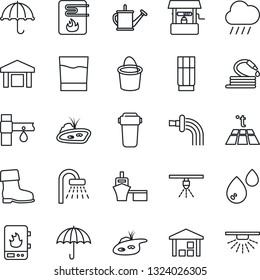 Thin Line Icon Set - shower vector, watering can, bucket, boot, rain, well, hose, drip irrigation, sea port, umbrella, warehouse, pond, drink, water heater, filter, warm floor, sprinkler