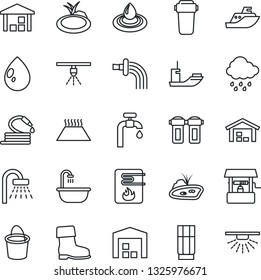 Thin Line Icon Set - shower vector, bucket, watering, boot, water drop, rain, well, hose, pond, sea shipping, warehouse, supply, bathroom, drink, heater, filter, warm floor, sprinkler