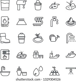 Thin Line Icon Set - shower vector, watering can, bucket, boot, pond, drip irrigation, sea shipping, port, water supply, bathroom, drink, heater, warm floor, sprinkler