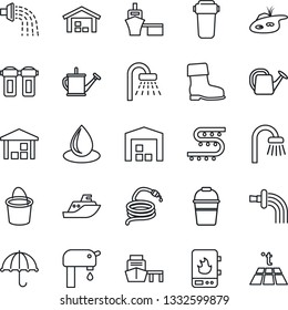 Thin Line Icon Set - shower vector, watering can, bucket, boot, water drop, hose, drip irrigation, sea shipping, port, umbrella, warehouse, pond, supply, bathroom, heater, filter, warm floor