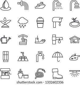 Thin Line Icon Set - shower vector, watering can, bucket, boot, water drop, rain, well, hose, pond, drip irrigation, sea shipping, port, umbrella, supply, warehouse, bathroom, drink, warm floor