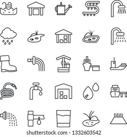 Thin Line Icon Set - shower vector, watering can, boot, rain, well, hose, pond, drip irrigation, sea shipping, port, warehouse, pool, water supply, bathroom, drink, warm floor
