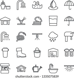 Thin Line Icon Set - shower vector, watering can, bucket, boot, water drop, rain, well, hose, sea port, umbrella, warehouse, pool, supply, bathroom, drink, irrigation, filter, sprinkler