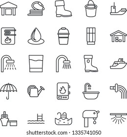 Thin Line Icon Set - shower vector, watering can, bucket, boot, water drop, hose, sea shipping, port, umbrella, warehouse, pool, supply, bathroom, drink, heater, sprinkler