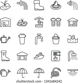 Thin Line Icon Set - shower vector, watering can, bucket, boot, well, hose, pond, sea shipping, umbrella, warehouse, pool, water supply, heater, filter, sprinkler