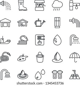 Thin Line Icon Set - shower vector, watering can, bucket, boot, water drop, rain, well, hose, drip irrigation, sea shipping, umbrella, warehouse, pond, bathroom, drink, heater, filter, warm floor
