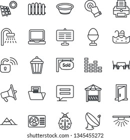 Thin Line Icon Set - shower vector, fence, lady bug, garden light, satellite antenna, loudspeaker, equalizer, touch screen, laptop pc, message, presentation board, document folder, printer, pool