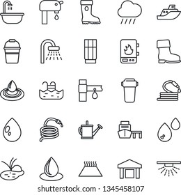 Thin Line Icon Set - shower vector, watering can, bucket, boot, water drop, rain, hose, pond, drip irrigation, sea shipping, port, warehouse, pool, supply, bathroom, drink, heater, filter, sprinkler