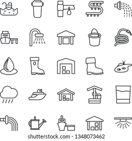 Thin Line Icon Set - shower vector, watering can, bucket, boot, water drop, rain, well, hose, drip irrigation, sea shipping, port, warehouse, pond, pool, drink, filter, sprinkler