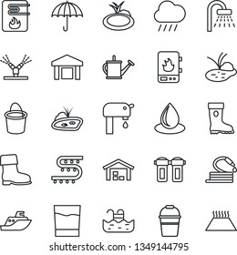 Thin Line Icon Set - shower vector, watering can, bucket, boot, water drop, rain, hose, pond, drip irrigation, sea shipping, umbrella, warehouse, pool, supply, drink, heater, filter, warm floor