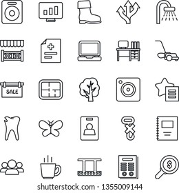 Thin Line Icon Set - shower vector, desk, statistic monitor, tree, boot, lawn mower, butterfly, diagnosis, caries, route, no hook, film frame, laptop pc, speaker, favorites list, mobile camera, plan