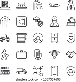 Thin Line Icon Set - shower vector, plane, case, abacus, money bag, calendar, circle chart, hose, bike, heart shield, molecule, car delivery, rewind, phone back, fingerprint id, paper clip, manager