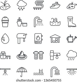 Thin Line Icon Set - shower vector, watering can, bucket, boot, water drop, rain, pond, drip irrigation, sea shipping, port, umbrella, warehouse, pool, supply, bathroom, heater, filter, sprinkler