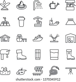 Thin Line Icon Set - shower vector, watering can, boot, well, hose, drip irrigation, sea shipping, port, pond, pool, water supply, warehouse, drink, filter, warm floor, sprinkler