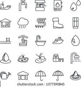 Thin Line Icon Set - shower vector, watering can, boot, water drop, rain, well, pond, drip irrigation, sea shipping, port, umbrella, warehouse, pool, supply, bathroom, drink, heater
