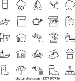 Thin Line Icon Set - shower vector, watering can, bucket, boot, water drop, rain, well, pond, drip irrigation, sea shipping, port, umbrella, warehouse, drink, warm floor