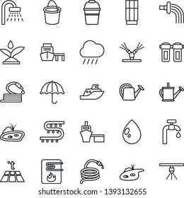 Thin Line Icon Set - shower vector, watering can, bucket, water drop, rain, hose, drip irrigation, sea shipping, port, umbrella, pond, supply, drink, heater, filter, warm floor, sprinkler