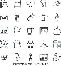 Thin Line Icon Set - shower vector, desk, pumpkin, syringe, run, pregnancy, term, tulip, heart, calendar, manager, windmill, sale, restaurant table, drink, phyto bar, beer, chip, group, office chair