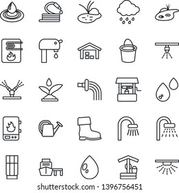 Thin Line Icon Set - shower vector, watering can, bucket, boot, water drop, rain, well, hose, pond, sea port, supply, warehouse, bathroom, drink, irrigation, heater, sprinkler