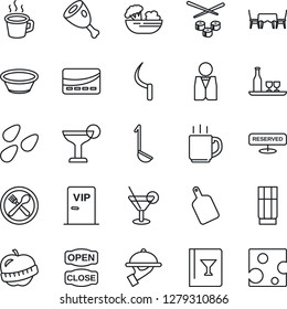 Thin Line Icon Set - sickle vector, seeds, diet, coffee, waiter, alcohol, cafe, wine card, reserved, drink, cocktail, salad, table, vip zone, open close, credit, ham, ladle, bowl, cutting board