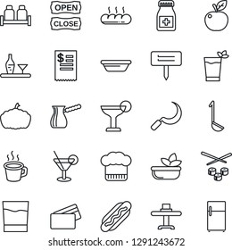 Thin Line Icon Set - sickle vector, plant label, pumpkin, pills bottle, coffee, alcohol, restaurant table, cook hat, drink, cocktail, phyto bar, salad, salt and pepper, bread, open close, receipt