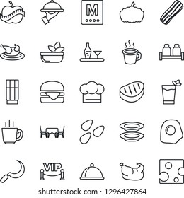 Thin Line Icon Set - sickle vector, pumpkin, seeds, diet, coffee, dish, alcohol, cook hat, menu, drink, phyto bar, salad, plates, bacon, waiter, salt and pepper, cafe table, vip zone, chicken, steak