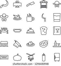 Thin Line Icon Set - sickle vector, pumpkin, alcohol, restaurant table, serviette, wine card, reserved, reception, drink, coffee, bread, cafe building, candle, vip zone, dress code, alcove, chicken