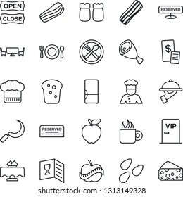 Thin Line Icon Set - sickle vector, seeds, diet, fridge, cook, restaurant table, cafe, hat, wine card, reserved, coffee, bacon, waiter, salt and pepper, bread, vip zone, open close, receipt, ham