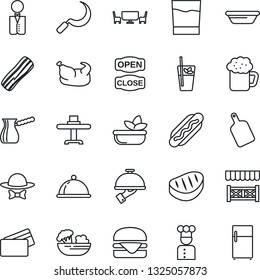 Thin Line Icon Set - sickle vector, waiter, cook, dish, restaurant table, drink, phyto bar, beer, salad, bacon, cafe, dress code, open close, alcove, credit card, chicken, steak, hamburger, hot dog