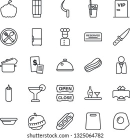 Thin Line Icon Set - sickle vector, pumpkin, diet, fridge, waiter, cook, dish, alcohol, restaurant table, cafe, reserved, drink, cocktail, phyto bar, bacon, candle, vip zone, open close, receipt