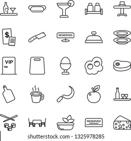 Thin Line Icon Set - sickle vector, coffee, alcohol, restaurant table, reserved, reception, cocktail, salad, plates, egg stand, salt and pepper, cafe, vip zone, receipt, steak, hot dog, knife, sushi