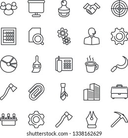 Thin Line Icon Set - sickle vector, axe, group, settings, themes, case, coffee, presentation board, paper clip, office building, pie graph, document search, abacus, ink pen, phone, support, target