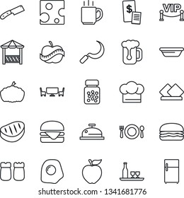Thin Line Icon Set - sickle vector, pumpkin, pills bottle, diet, coffee, alcohol, cafe, cook hat, reception, beer, salt and pepper, table, vip zone, alcove, restaurant receipt, steak, hamburger