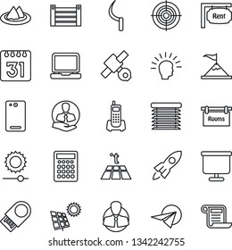 Thin Line Icon Set - sickle vector, satellite, office phone, client, container, laptop pc, back, calendar, brightness, presentation board, target, sun panel, rent, rooms, serviette, warm floor