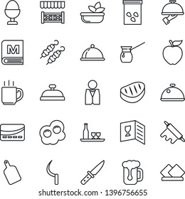 Thin Line Icon Set - sickle vector, seeds, coffee, waiter, dish, alcohol, wine card, menu, reception, beer, salad, egg stand, alcove, credit, steak, kebab, rolling pin, cutting board, knife, turkish