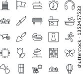 Thin Line Icon Set - signpost vector, female, trowel, wheelbarrow, butterfly, bench, fireplace, run, broken bone, tulip, headphones, alarm, house with tree, sun panel, washer, city, drink, salad