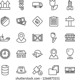 Thin Line Icon Set - signpost vector, pin, store, plane, satellite, cash, office phone, sea shipping, car delivery, clock, container, clipboard, folder document, fragile, up side sign, no hook