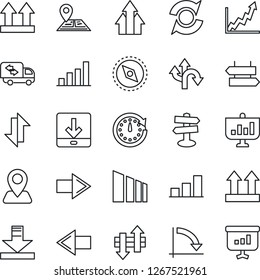 Thin Line Icon Set - signpost vector, right arrow, left, crisis graph, route, navigation, up side sign, sorting, data exchange, download, compass, update, bar, moving, clock, growth, presentation