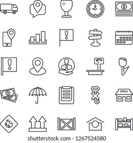Thin Line Icon Set - signpost vector, pin, important flag, store, cash, client, mobile tracking, car delivery, clock, term, container, clipboard, fragile, umbrella, warehouse storage, up side sign