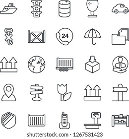Thin Line Icon Set - signpost vector, navigation, earth, traffic light, office phone, 24 hours, client, sea shipping, truck trailer, cargo container, car delivery, folder document, fragile, umbrella