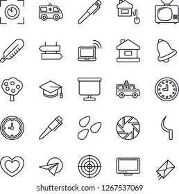 Thin Line Icon Set - signpost vector, wireless notebook, graduate, pen, sickle, seeds, heart, thermometer, ambulance car, clock, monitor, mobile camera, bell, presentation board, target, house, tv