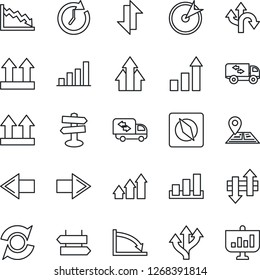 Thin Line Icon Set - signpost vector, right arrow, left, growth statistic, route, navigation, up side sign, sorting, data exchange, compass, update, bar graph, moving, target, clock, crisis