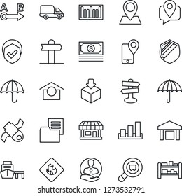 Thin Line Icon Set - signpost vector, pin, store, satellite, cash, client, mobile tracking, car delivery, sea port, folder document, umbrella, warehouse storage, package, sorting, shield, flammable