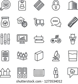 Thin Line Icon Set - signpost vector, office building, team, binder, flower in pot, fertilizer, microscope, pills blister, cargo container, up side sign, gamepad, settings, dialog, lock, blank box