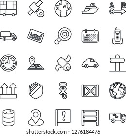 Thin Line Icon Set - signpost vector, navigation, earth, pin, important flag, satellite, office phone, sea shipping, car delivery, clock, term, container, consolidated cargo, up side sign, no hook