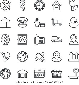 Thin Line Icon Set - signpost vector, earth, pin, store, plane, satellite, traffic light, office phone, 24 hours, support, car delivery, clock, term, sea port, cargo, warehouse storage, up side sign